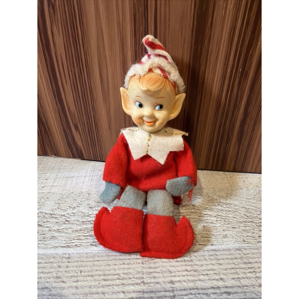 VTG Big Head Pixie‎ Elf Knee Hugger Red Felt Christmas Shelf Sitter Rare